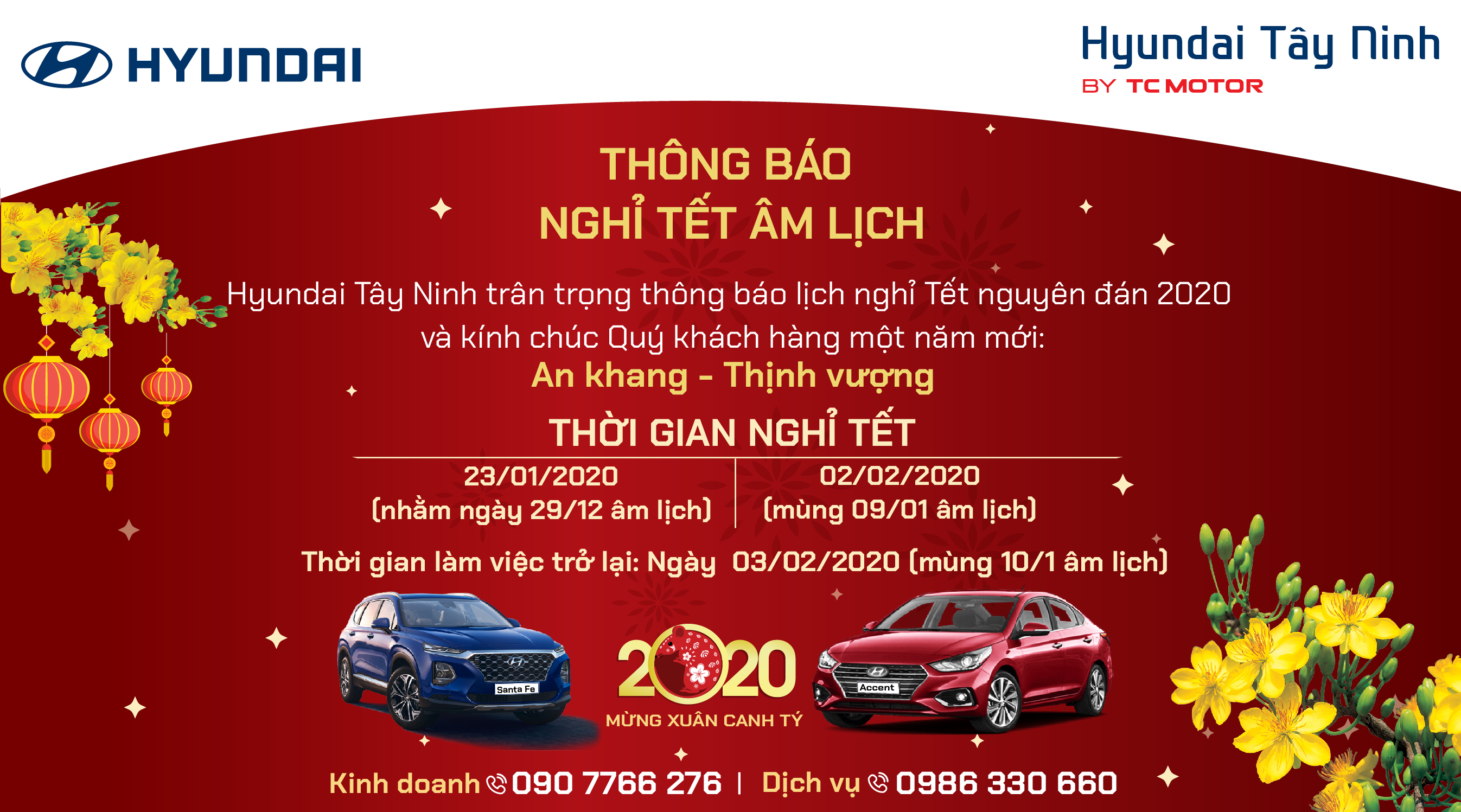 Hyundai Tây Ninh trân trọng thông báo lịch nghỉ tết Nguyên đán 2020